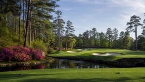 championship course with azaleas and pines, photographed in a wide editorial landscape