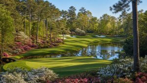 Championship-style golf course with azaleas, pine trees, sculpted bunkers, and a reflective water feature