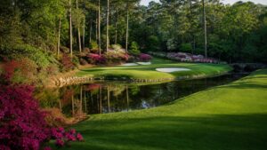 short par-three championship hole over a creek with azaleas, photographed in a wide editorial landscape