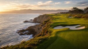 panoramic American championship golf course with lake and hills, photographed in a wide editorial landscape