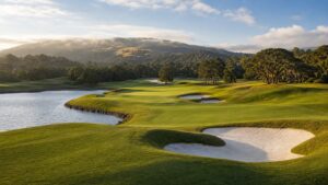 panoramic American championship golf course with lake and hills, photographed in a wide editorial landscape
