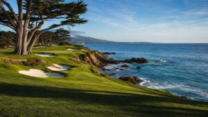 luxury California oceanfront golf resort with cypress trees, photographed in a wide editorial landscape