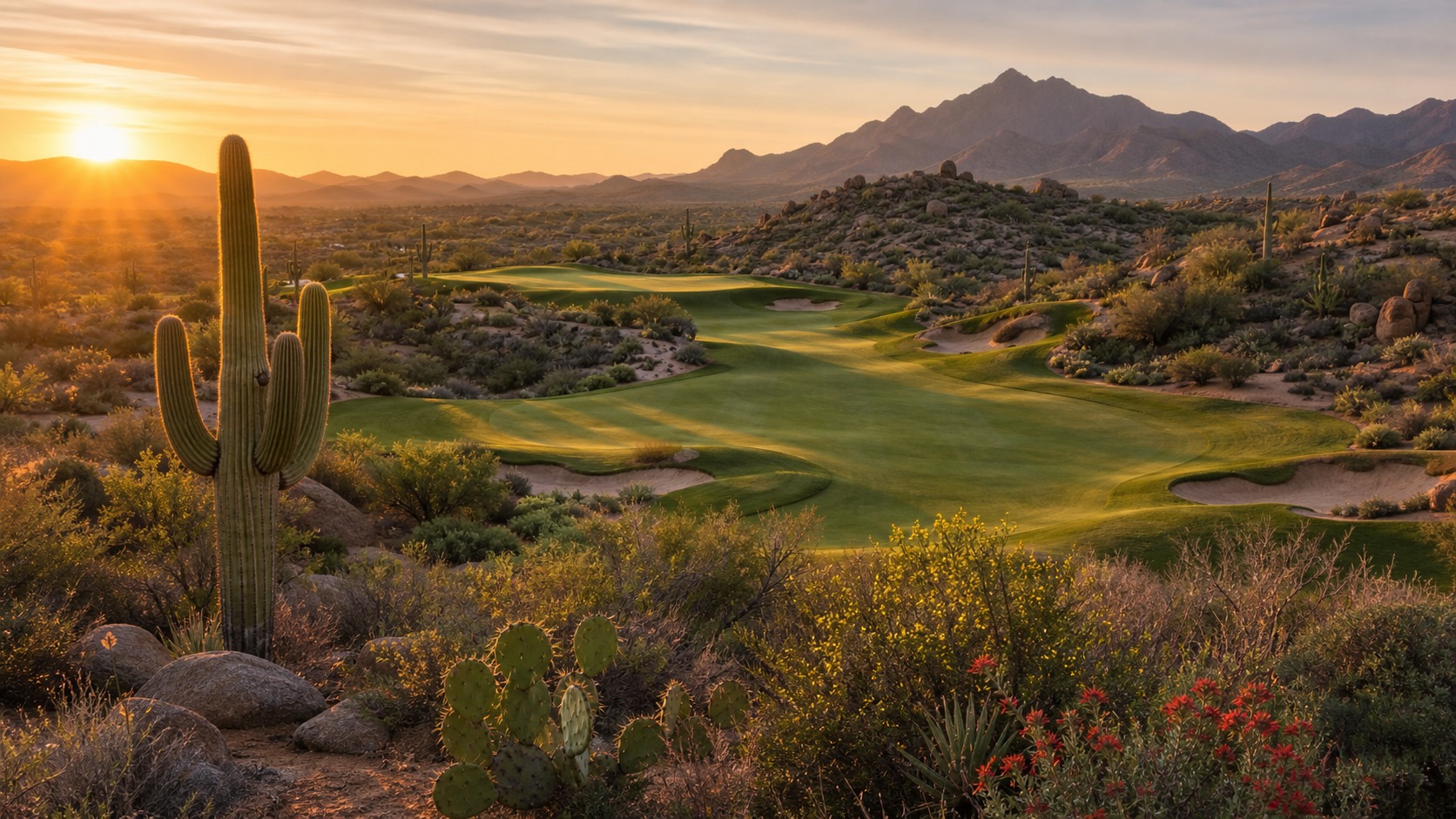 Scottsdale desert golf course with saguaros and mountains, photographed in a wide editorial landscape