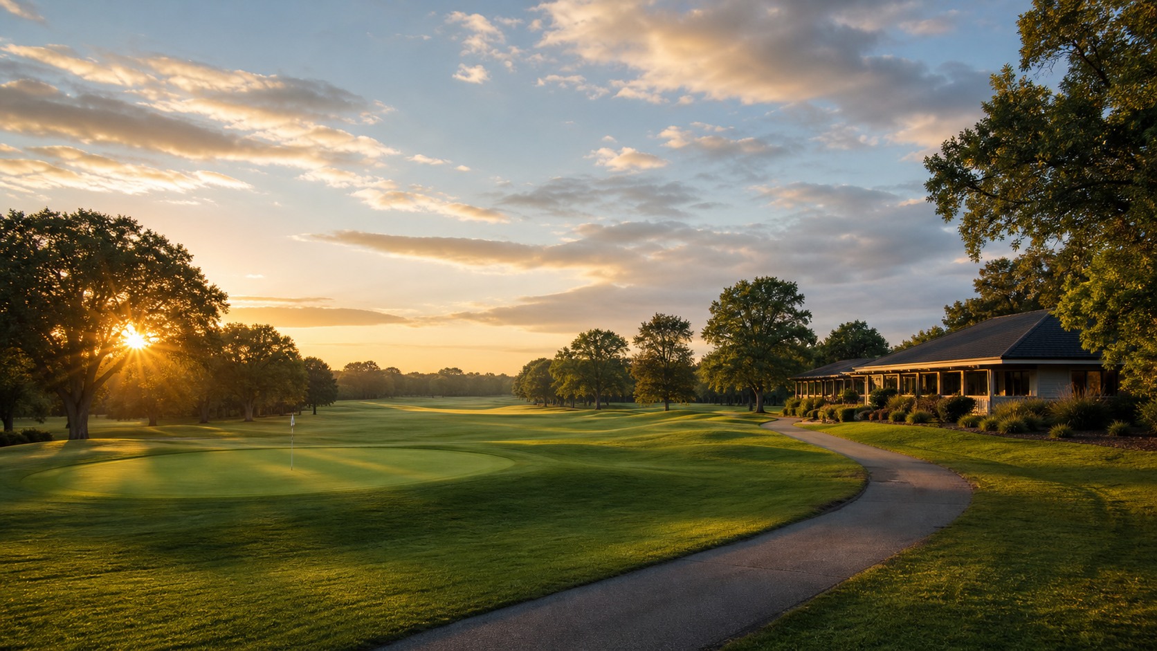 welcoming public golf course with broad fairway and modest clubhouse, photographed in a wide editorial landscape