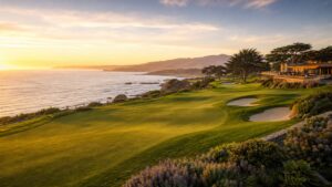 luxury California oceanfront golf resort with cypress trees, photographed in a wide editorial landscape