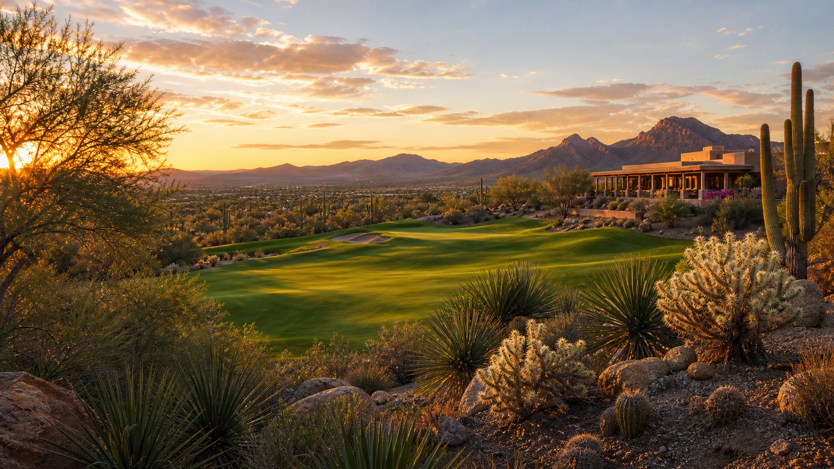 Scottsdale desert golf course with saguaros and mountains, photographed in a wide editorial landscape