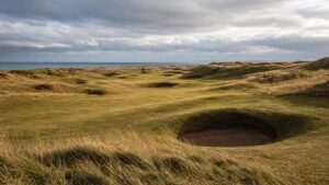 traditional windswept links course with dunes and pot bunkers, photographed in a wide editorial landscape