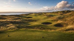 traditional windswept links course with dunes and pot bunkers, photographed in a wide editorial landscape