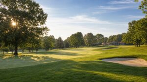 welcoming public golf course with broad fairway and modest clubhouse, photographed in a wide editorial landscape