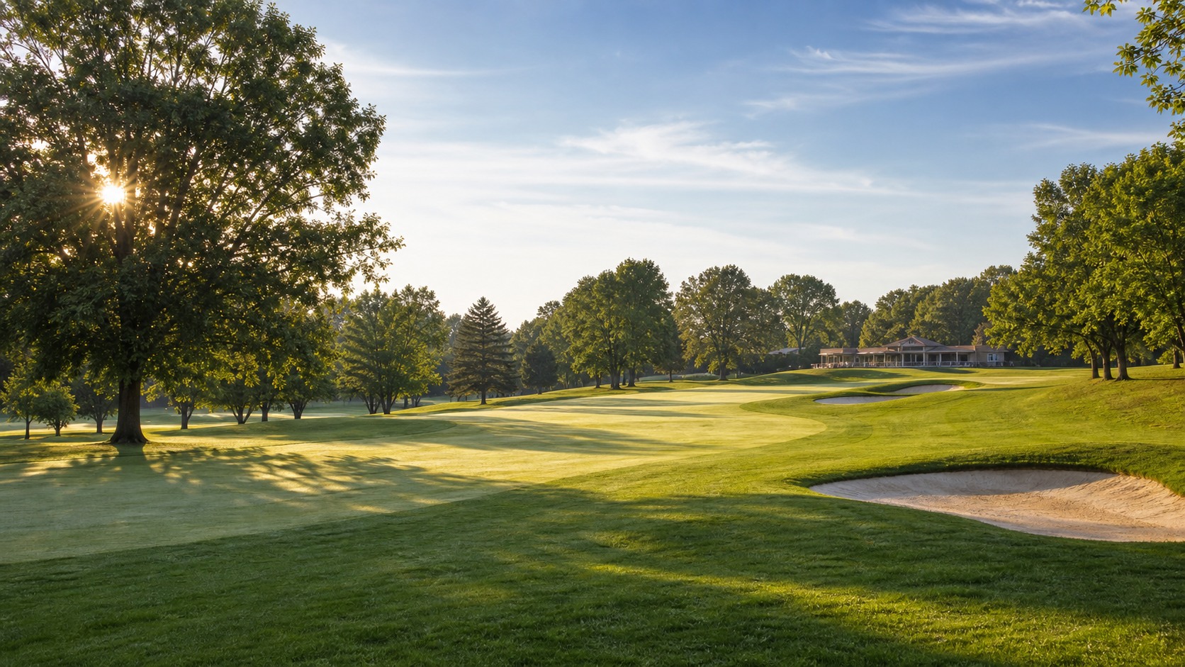 welcoming public golf course with broad fairway and modest clubhouse, photographed in a wide editorial landscape