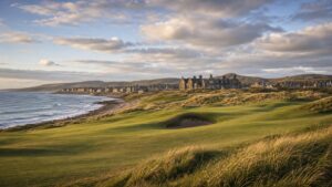 panoramic Scottish seaside links course with stone clubhouse, photographed in a wide editorial landscape