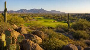 Scottsdale desert golf course with saguaros and mountains, photographed in a wide editorial landscape