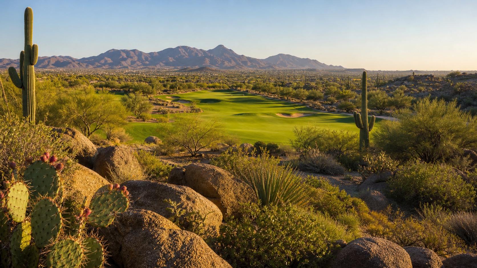 Scottsdale desert golf course with saguaros and mountains, photographed in a wide editorial landscape