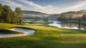 panoramic American championship golf course with lake and hills, photographed in a wide editorial landscape