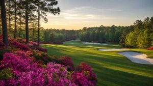 championship course with azaleas and pines, photographed in a wide editorial landscape